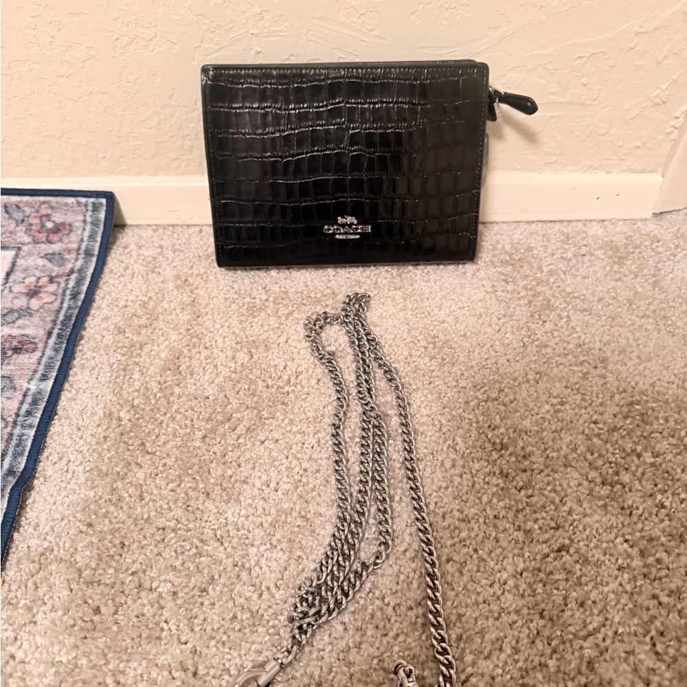 Coach Black Croc-Embossed Leather Chain Wallet Crossbody